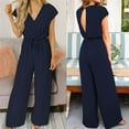 thumbnail image 2 of Combinaison d'Été pour Femmes, Col en V, Manches Courtes, Pantalon Décontracté Simple, 2 of 3