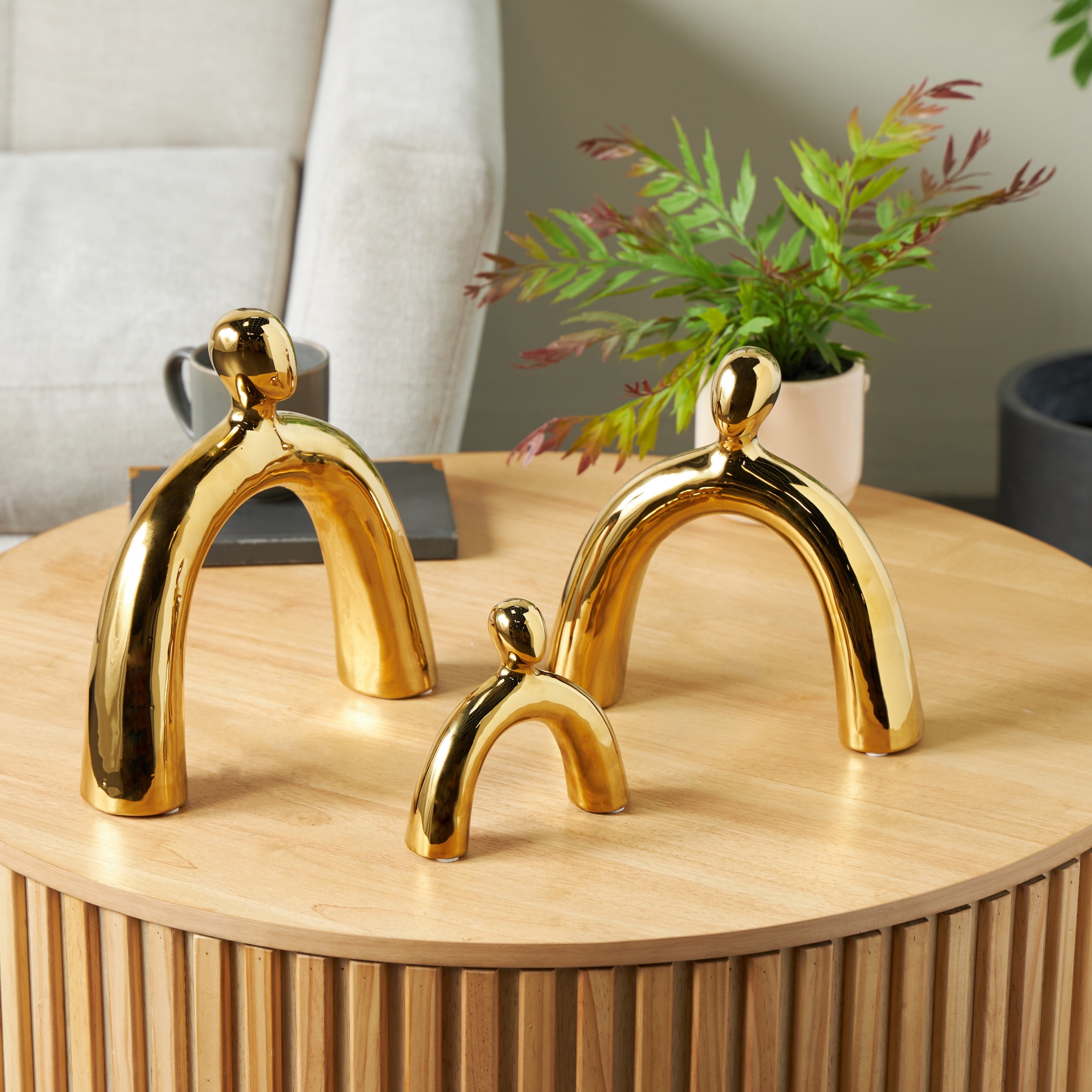 11", 9", 6"H Gold Ceramic Abstract Arched Family Sculpture, by DecMode (3 Count)