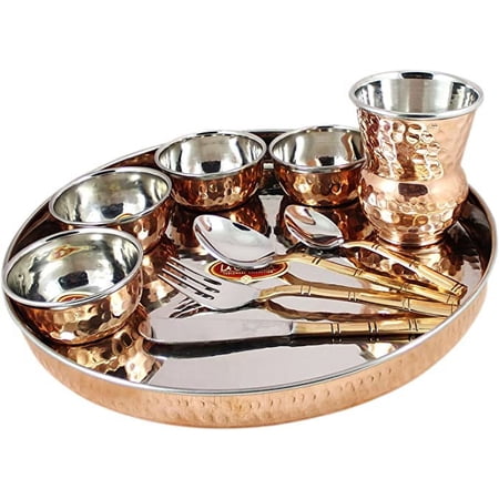 PARIJAT HANDICRAFT Indian Dinnerware Set Copper Stainless Steel Thali Plate Set, Diameter 12 Inch