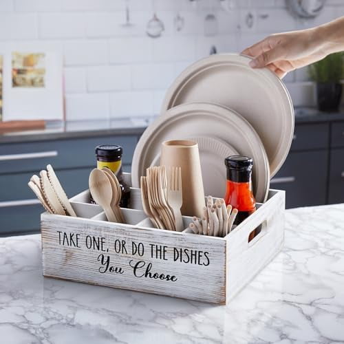 Rustic White Plate and Utensil Caddy, 6-Compartment Paper Plate and Cutlery Holder with Handles, Kitchen and Party Organizer for BBQs, Picnics, and Gatherings