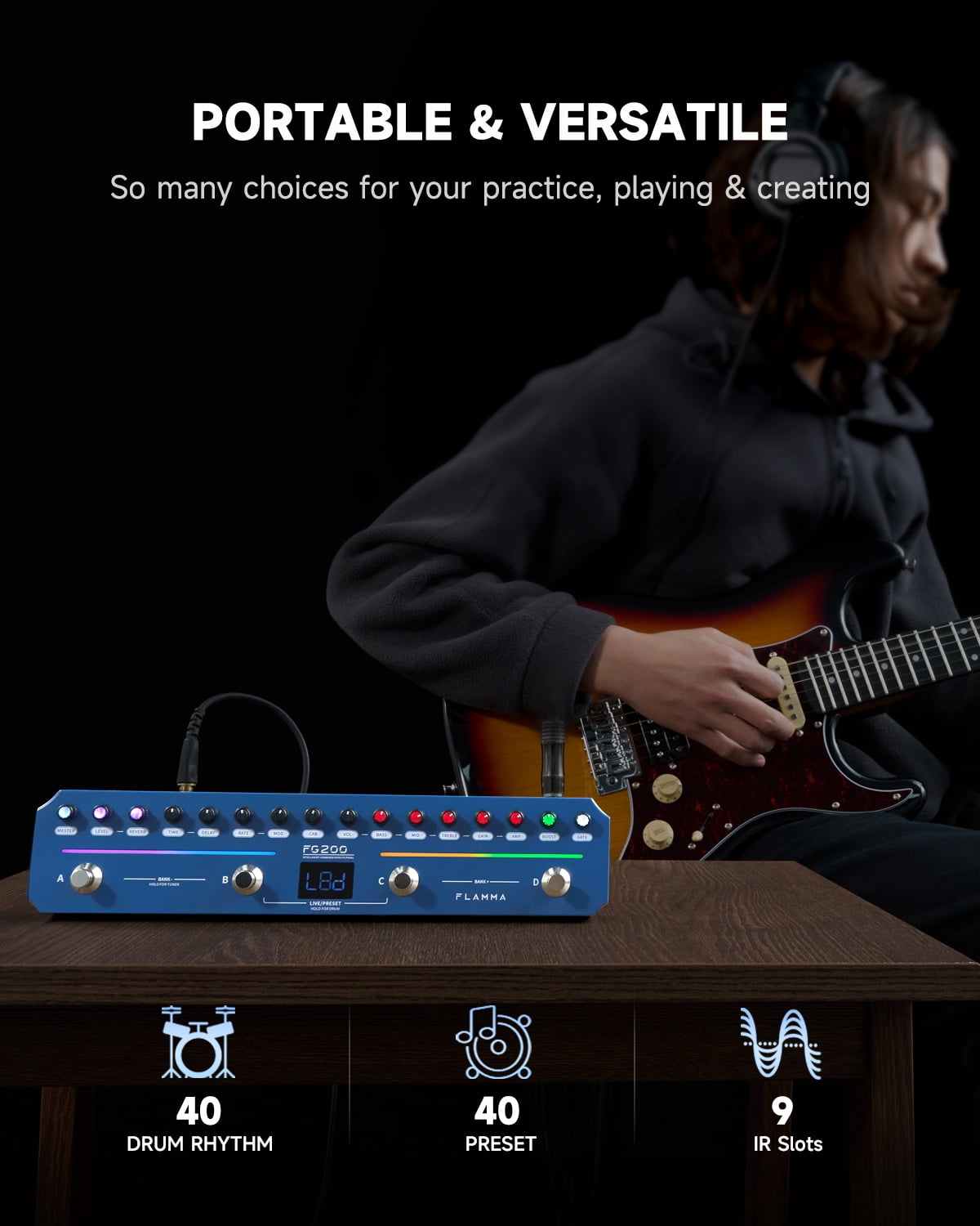 FLAMMA FG200 Intelligent Multi-Effects Processor Pedal with 52 AMP Models 5 BOOST Models 16 CAB Simulations 7 Effects Modules 9 IR Slots 40 Presets 40 Rhythm Styles Support APP OTG