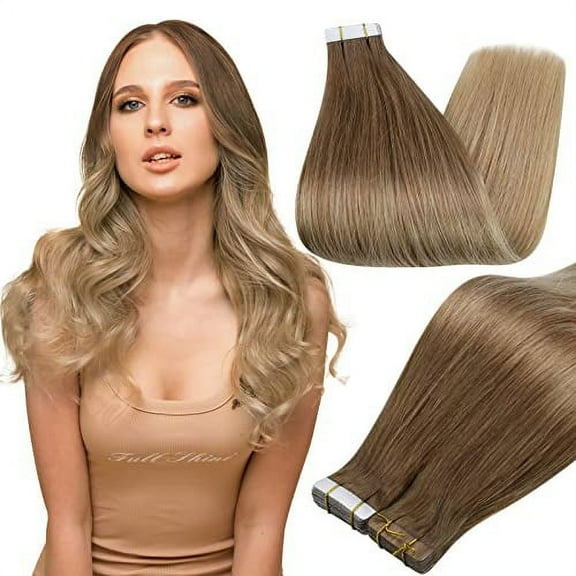 Full Shine 16 Inch Tape in Hair Extensions Seamless Straight Tape ins 50 Gram 20 Pcs Color 10 Golden Brown to 14 Dark Blonde for Women Adult