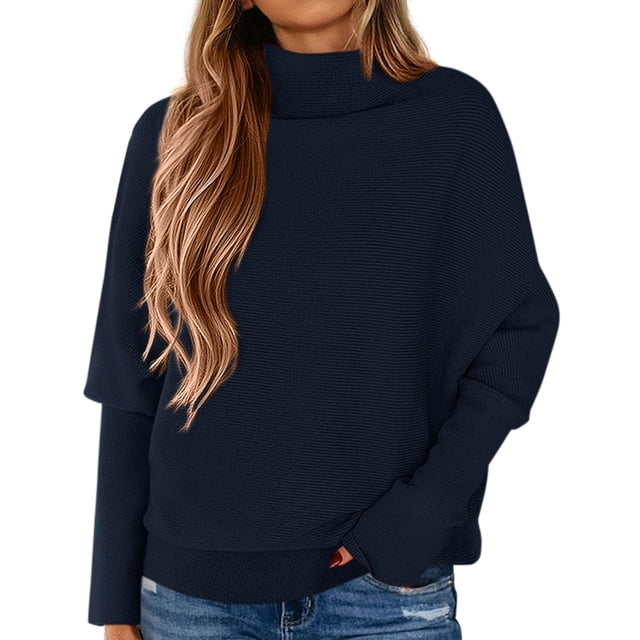 Suéter PRETTYGARDEN 2025 de Punto Cuello Alto Manga Murciélago Azul Marino M