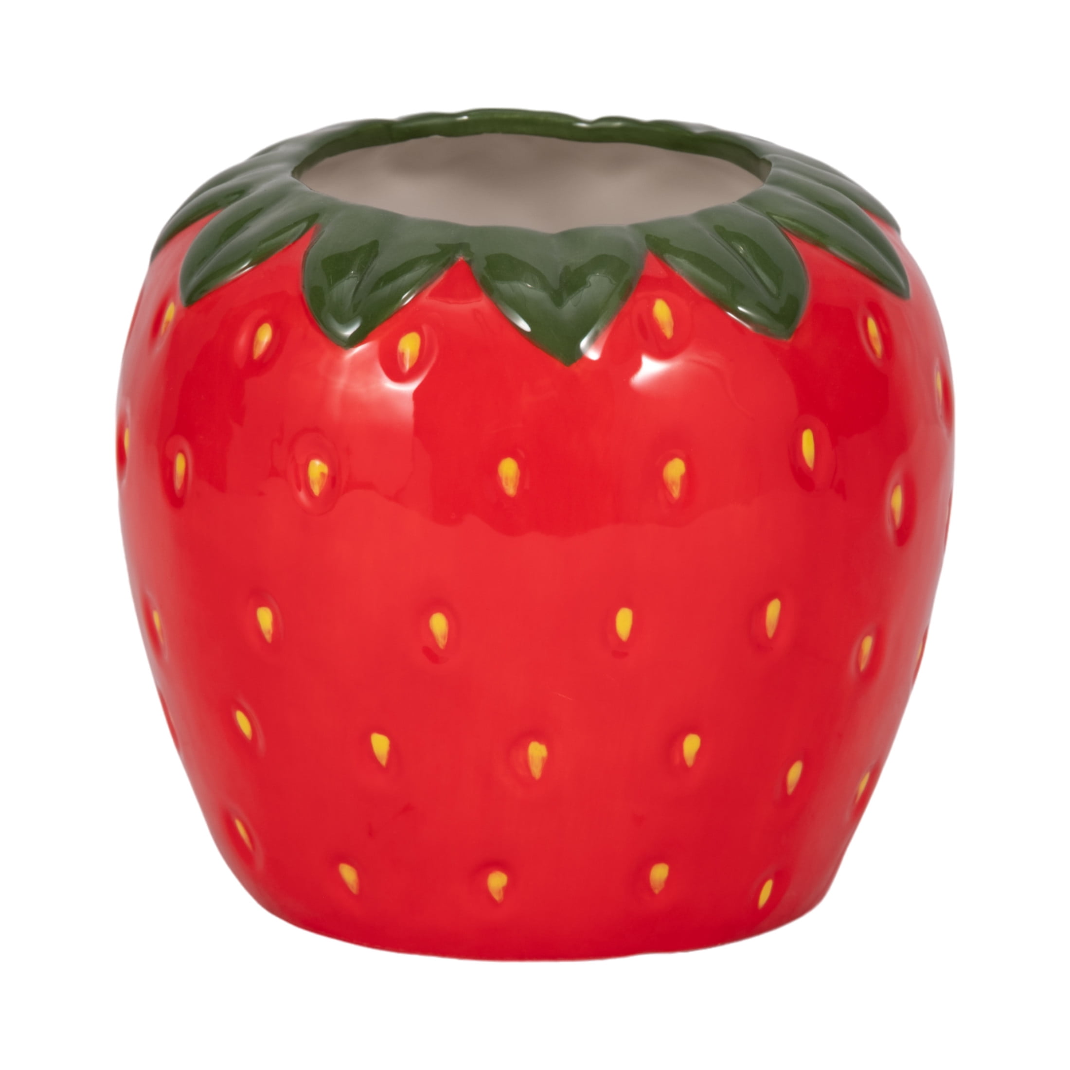 Strawberry-Shaped Flower Pot for Home Decor - Decorative Ceramic Planter for Outdoor, Indoor Plants, and Garden Display - Stoneware Planter for Patio, Entryway, Shelf, and Balcony - 6", Red & Green