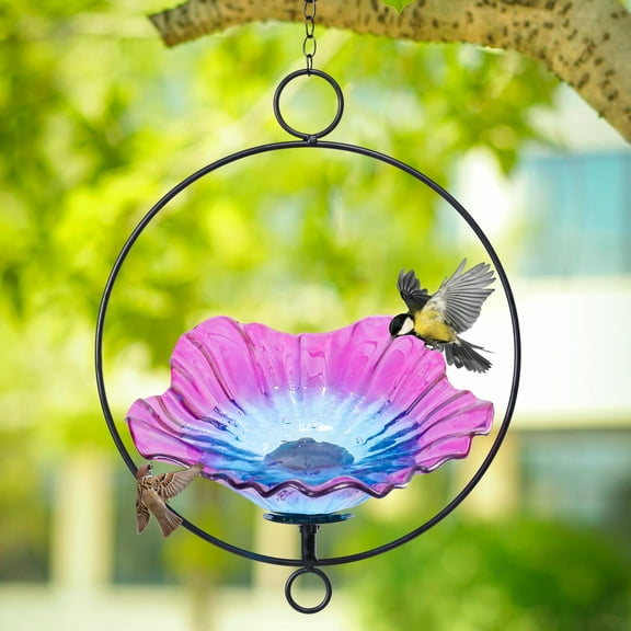 Outdoor Bird Bath,Hanging Glass Bird Bath Feeder with Metal Ring Frame–Colorful Flower-Shaped Birdbath,for Garden,Yard,Outdoor Decor