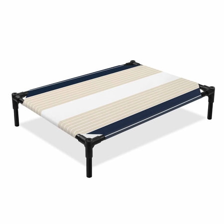 Navy Blue Khaki Stripe Elevated Dog Bed Gradient Line Cooling Breathable Outdoor Raised Dog Cot Bed with Metal Frame Non-Slip Feet for Medium Dog 24x20in