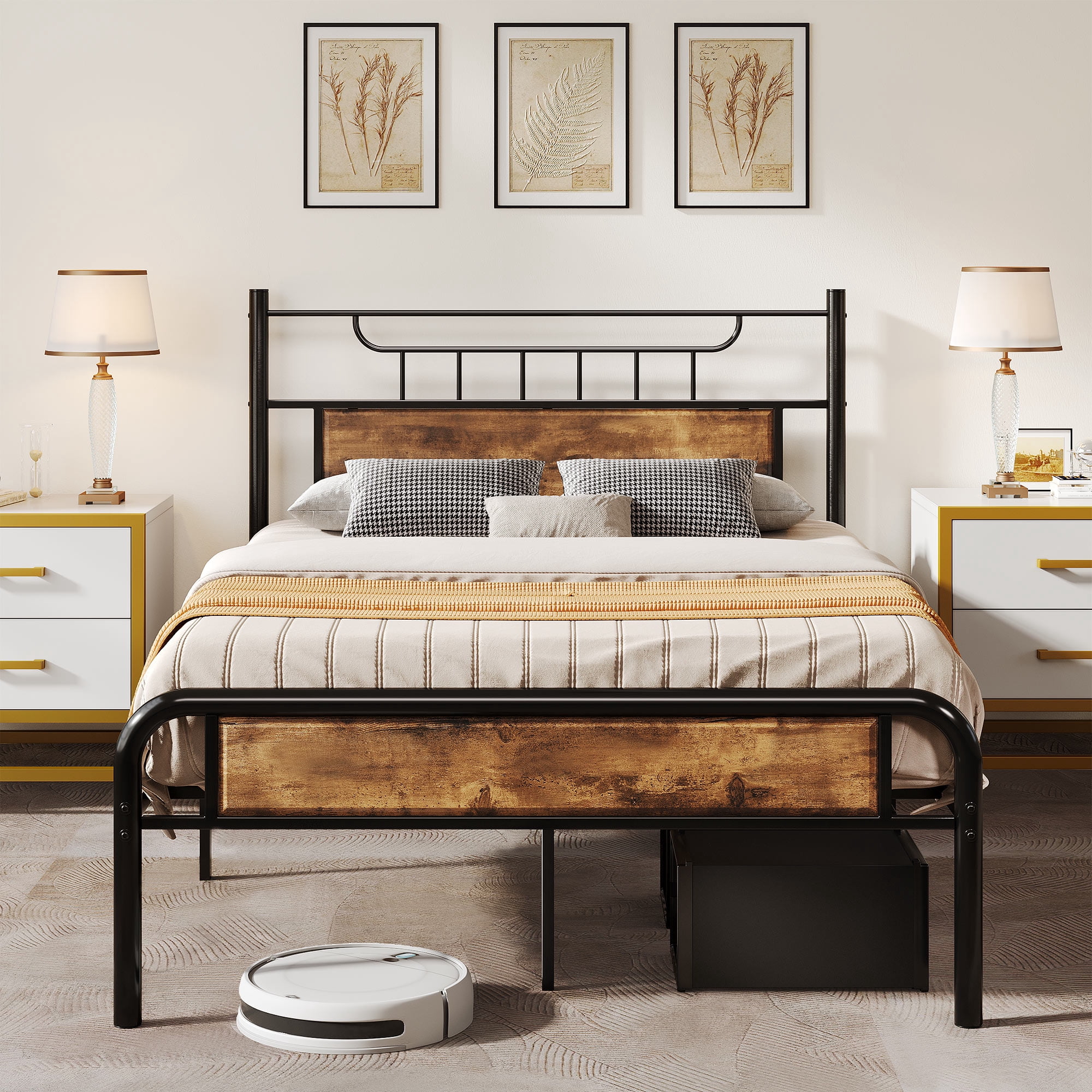 Uforic Farmhouse Full Size Metal Bed Frame with Headboard & Soundproof Cotton, Adult and Teen