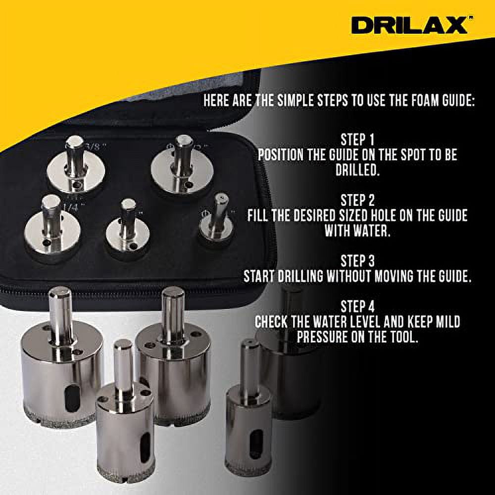 Drilax Diamond Drill Bit Hole Saw Extra Tall Long Drilling Quartz Granite Countertop Ceramic Porcelain Tile Glass 3/4, 1, 1 1/4, 1 3/8, 1 1/2 Inch 5 Pieces Set