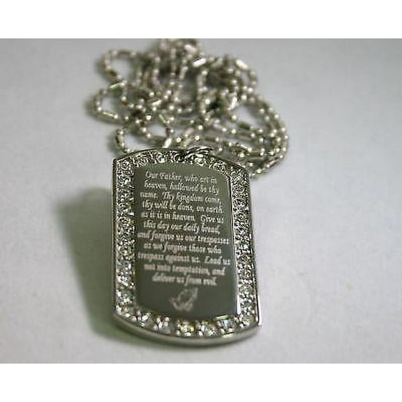 THE LORD'S PRAYER OUR FATHER CZ BLING DOG TAG NECKLACE CHAIN PENDANT