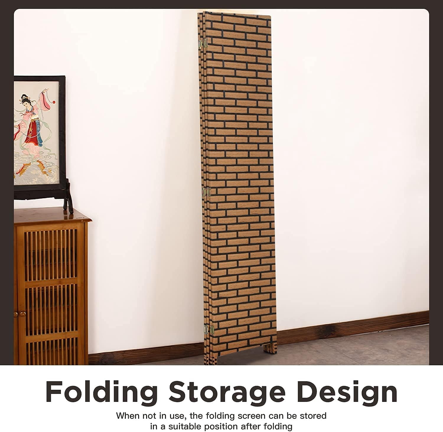 NiamVelo 4 Panel Wood Room Dividers Folding Privacy Screen Portable Screen Partition Wall Dividers for Home Office, Brick