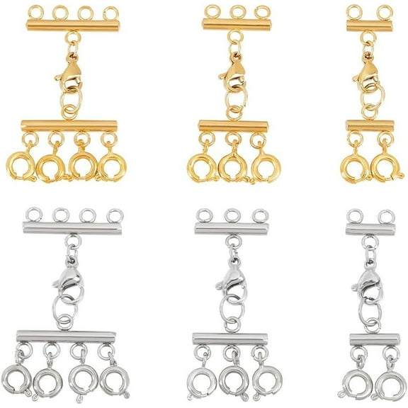 6Pcs 2 Colors 3 Styles Jewelry Clasps Kit 304 Stainless Steel Lobster Claw Clasps Multi-Strand Lock Clasp Necklace Connector for Multiple Necklace Layering Clasps