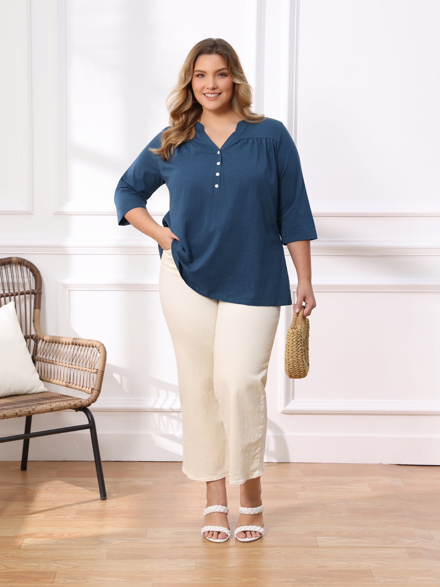 DARING DIVA Women's Plus Pleated Button Front Shirts 3/4 Sleeve Blouses 2X Dark Blue