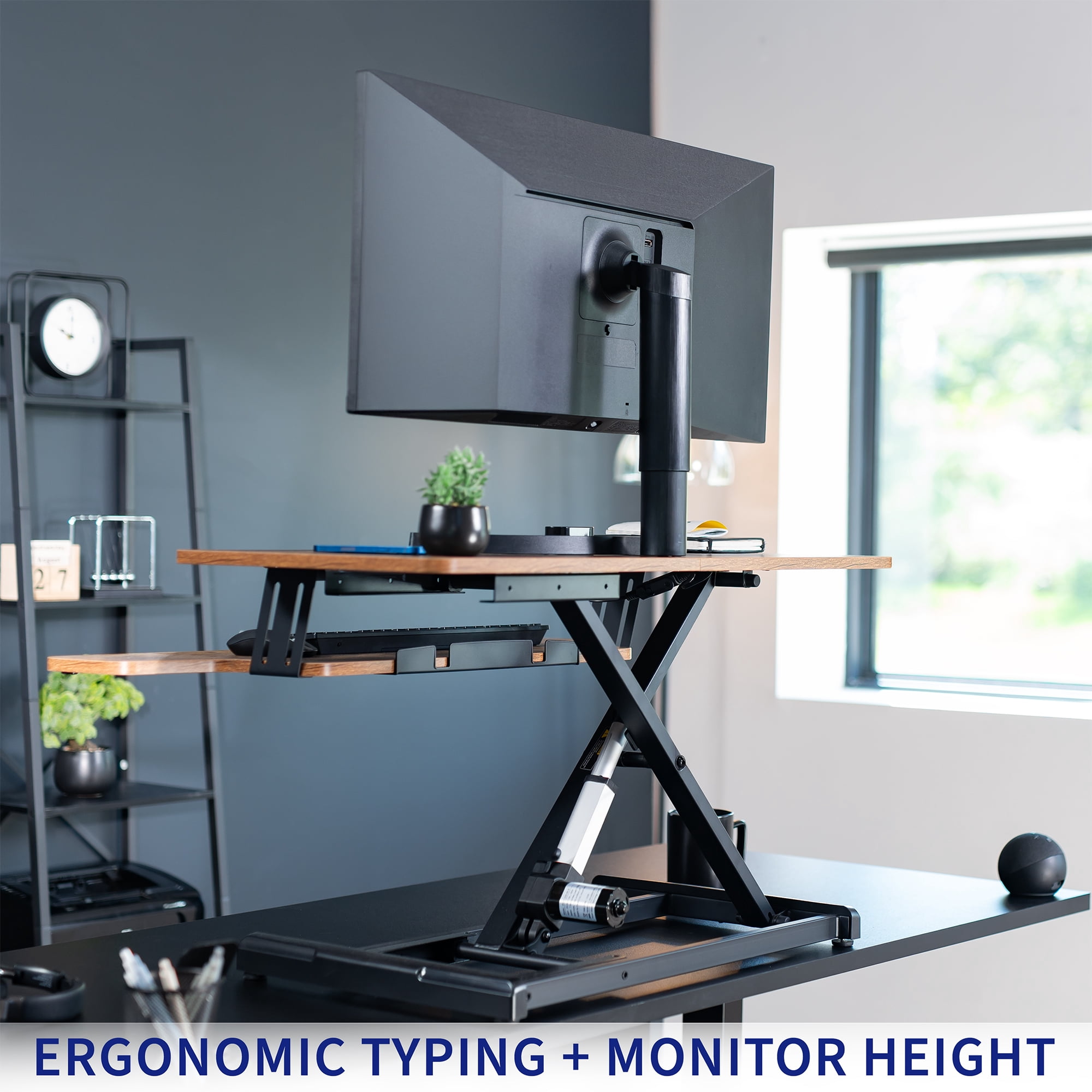 VIVO Vintage Brown Electric 36" Standing Desk Monitor Riser, Sit Stand Tabletop