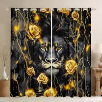 Homewish Animal Lion Boy Girl Black Out Curtains,Chic Floral Golden Rose Curtains Pack of 2 (42x63 Each),Abstract Vintage Flowers Wildlife Bedroom Curtains,Ultra Soft Home Decor