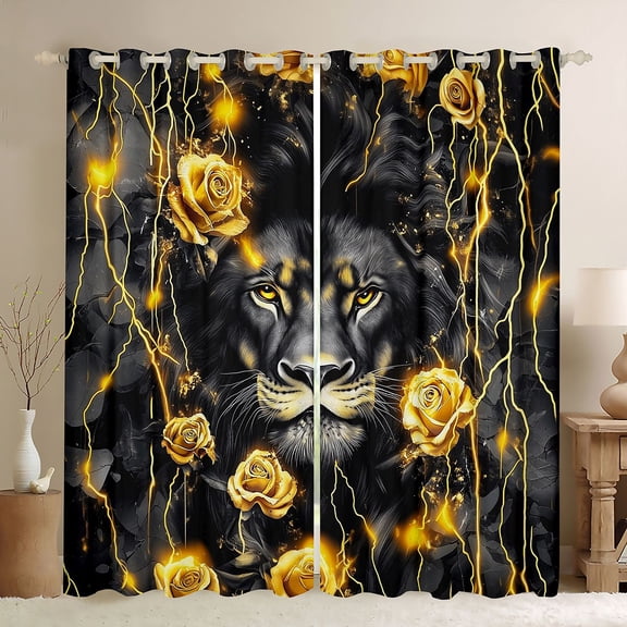 Homewish Animal Lion Boy Girl Black Out Curtains,Chic Floral Golden Rose Curtains Pack of 2 (42x63 Each),Abstract Vintage Flowers Wildlife Bedroom Curtains,Ultra Soft Home Decor