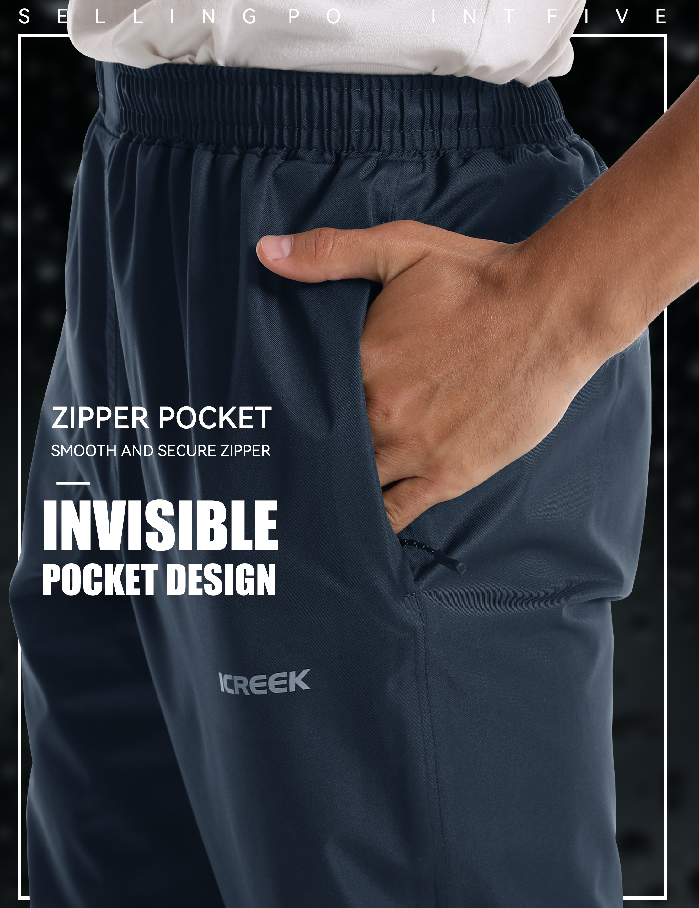 iCreek Men's Rain Pants Waterproof Zipper Pocket Windproof Hiking Pnats  Lightweight Over Pants Outdoor for Hiking, Fishing ,Rainy Day 