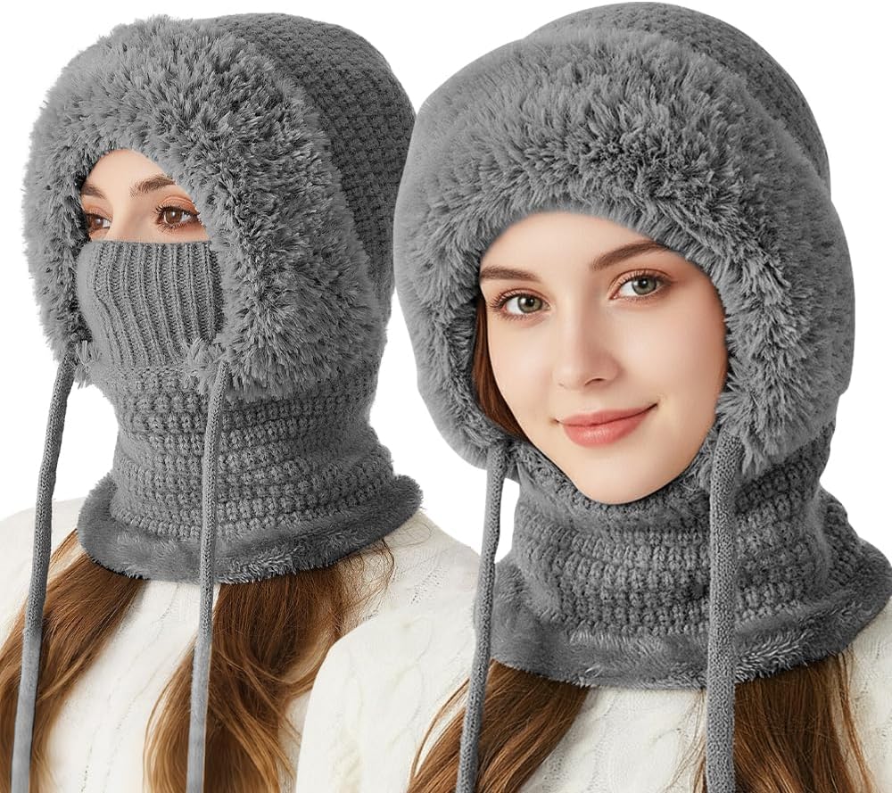 3 in 1 Beanie Hat For Women, with Scarf and Mask, Women's Outdoors Windproof Scarf Hat, Knitted Ski Mask Set