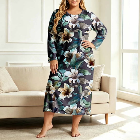 Casual Dresses for Women Printed Autumn Winter Fashion Plus Size Long Sleeve Loose Long Dress Wearable Outside and Loungewear Comfortable Long Dresses