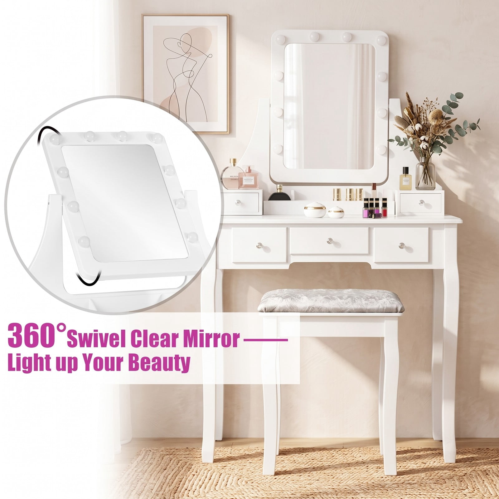 Furnibear Vanity Dressing Table Set with 10 Dimmable Bulbs and Cushioned Stool, 5 Drawers, Rotating Makeup Mirror for Bedroom, White