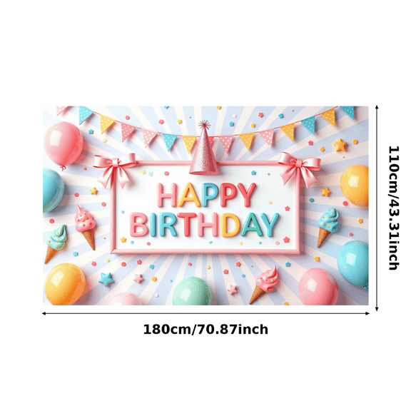 Colorful Design Happy Birthday Banner Decorative Pattern Ice Cream Balloons Party Prop for Kids Celebration Indoor Decoration Event Backdrop