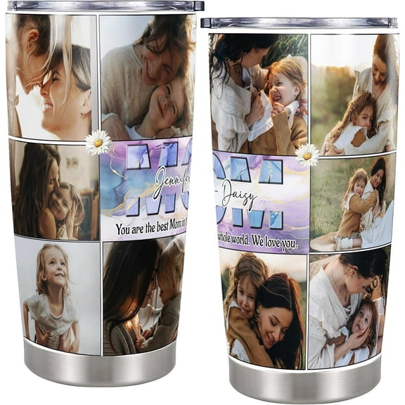 Personalized Multi Photos Tumbler Custom Name & Photo Moms Insulated cups Travel Coffee Mug with Lids Stainless Steel 20 oz Gifts for Mom Mommy Grandma Mother's Day