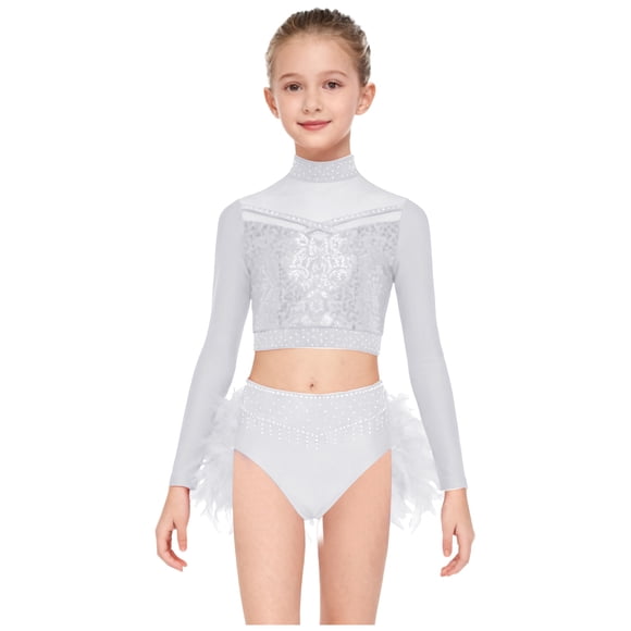 YiZYiF Filles Enfants Haut Court à Manches Longues à Paillettes et Jupe-Culotte à Plumes Scintillante Ensemble de Danse Jazz Ballet 2 Pcs Blanc 14