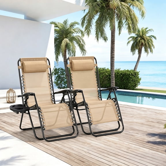 Buteny Zero Gravity Chairs, Set of 2 Portable Recliner Beach Camping Patio Outdoor Folding Lounge Chair with Cup Holder Trays and Adjustable Pillow