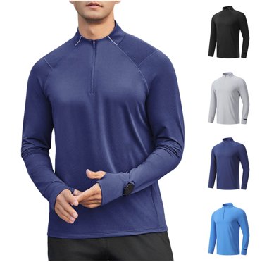 BiZtdJrK Polos à Manches Longues Séchage Rapide pour Hommes avec Trous pour les Pouces, Léger, Fermeture à Glissière 1/4, Chandail Athlétique pour Course Randonnée, Gris, m, Économies d'Automne