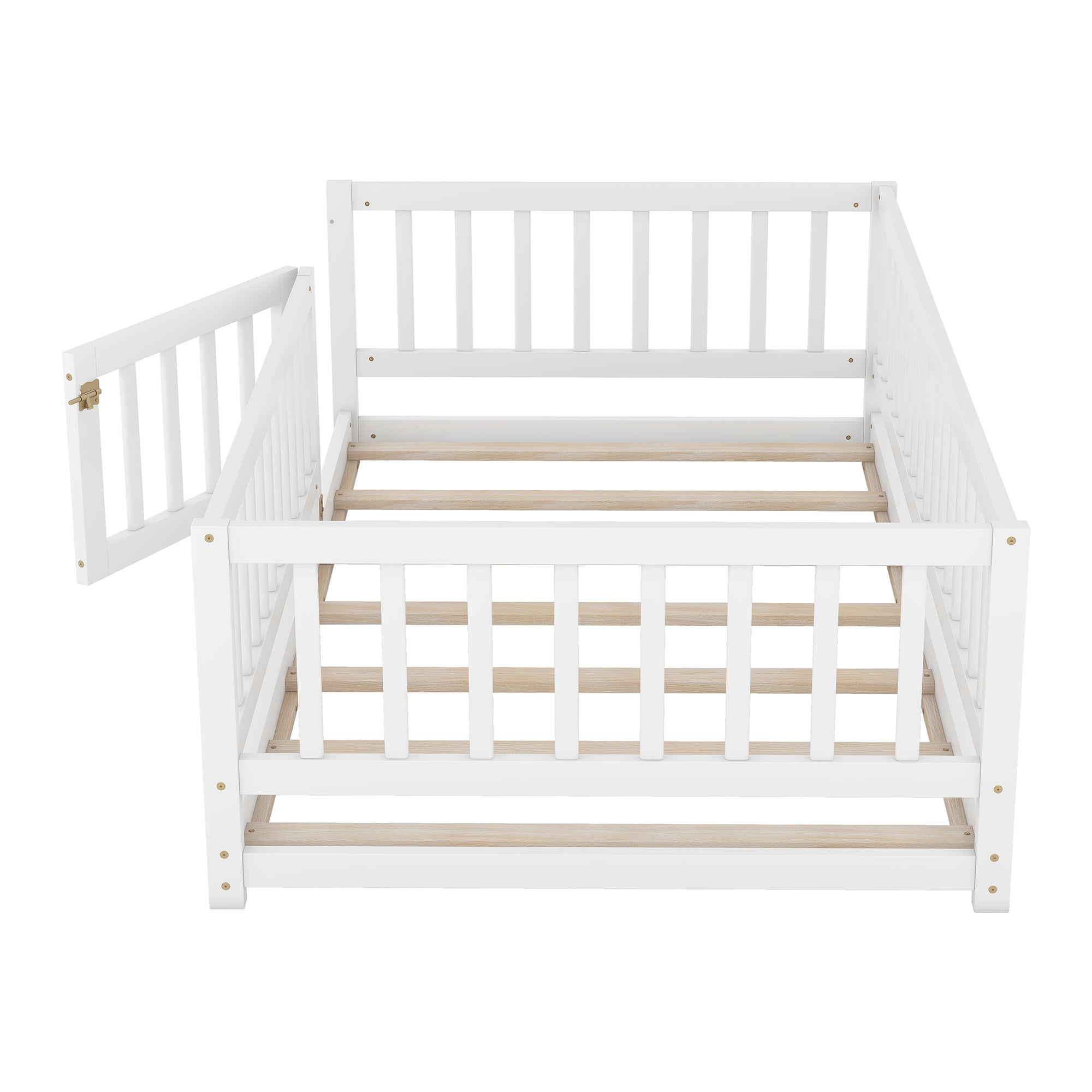 Montessori Floor Bed, Kids Bed Frame, Low Profile Toddler Bed with Removable Slats and Safety Door, Wood Bed Frame for Kids Boys Girls, Twin White