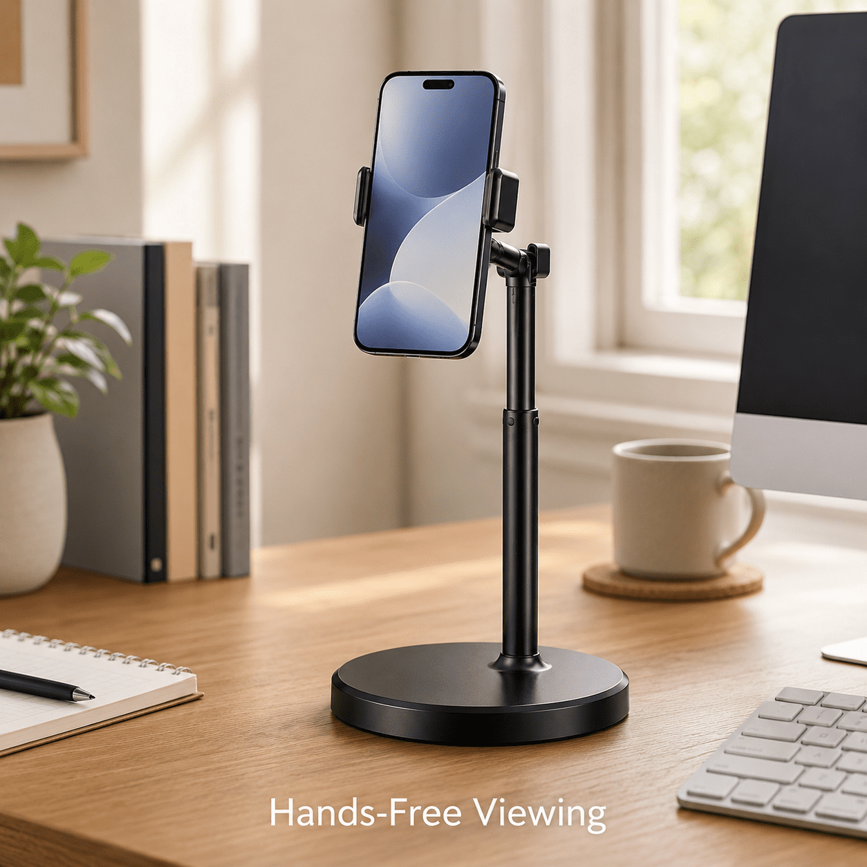 Universal Desktop Phone Stand, Height Adjustable Metal Smartphone Holder with Weighted Anti-Slip Base, 10x34.5cm Stable Cradle for iPhone, Samsung, and Tablets, Ideal for Video Calls & Home Office