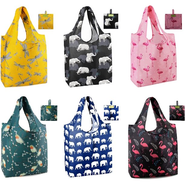BeeGreen Lindo patrón de perro bolsas de comestibles plegables reutilizables, lavables, paquete de 6 bolsas de compras de tela de poliéster resistente Xlarge 50LBS para comestibles, ecológicas
