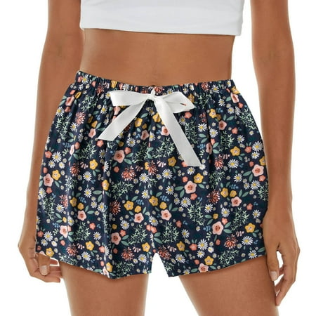 

〖TOTO〗Women Casual Pajama Shorts Soft Sleep Shorts Lightweight Floral Printed Bow Elastic Waist Lounge Pj Bottoms