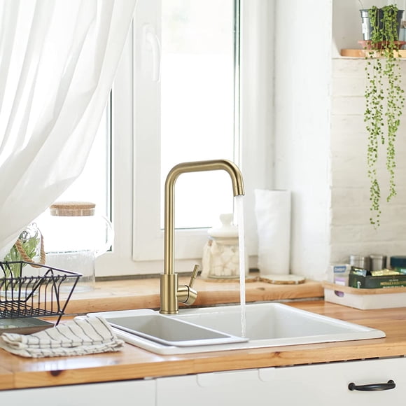 Gold Kitchen Faucet, Brushed Gold Kitchen Sink Faucet- Lead Free Single Handle Bar Faucet 360 Degree Swivel Hot and Cold Mixer