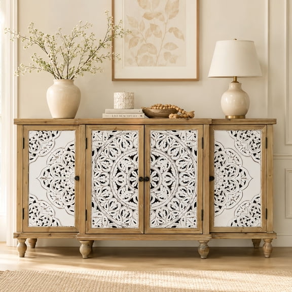 Atumcto 4-Door Hollow-Carved Accent Cabinet with Adjustable Shelves, Distressed Wood Storage Cabinet for Living Room, Natural Wood