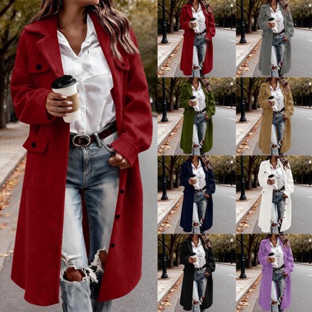 Crunowin Trench Coat for Women Fall Winter Faux Suede Tunic Long Lapel Pea Coat Overcoat with Pocket Black XL
