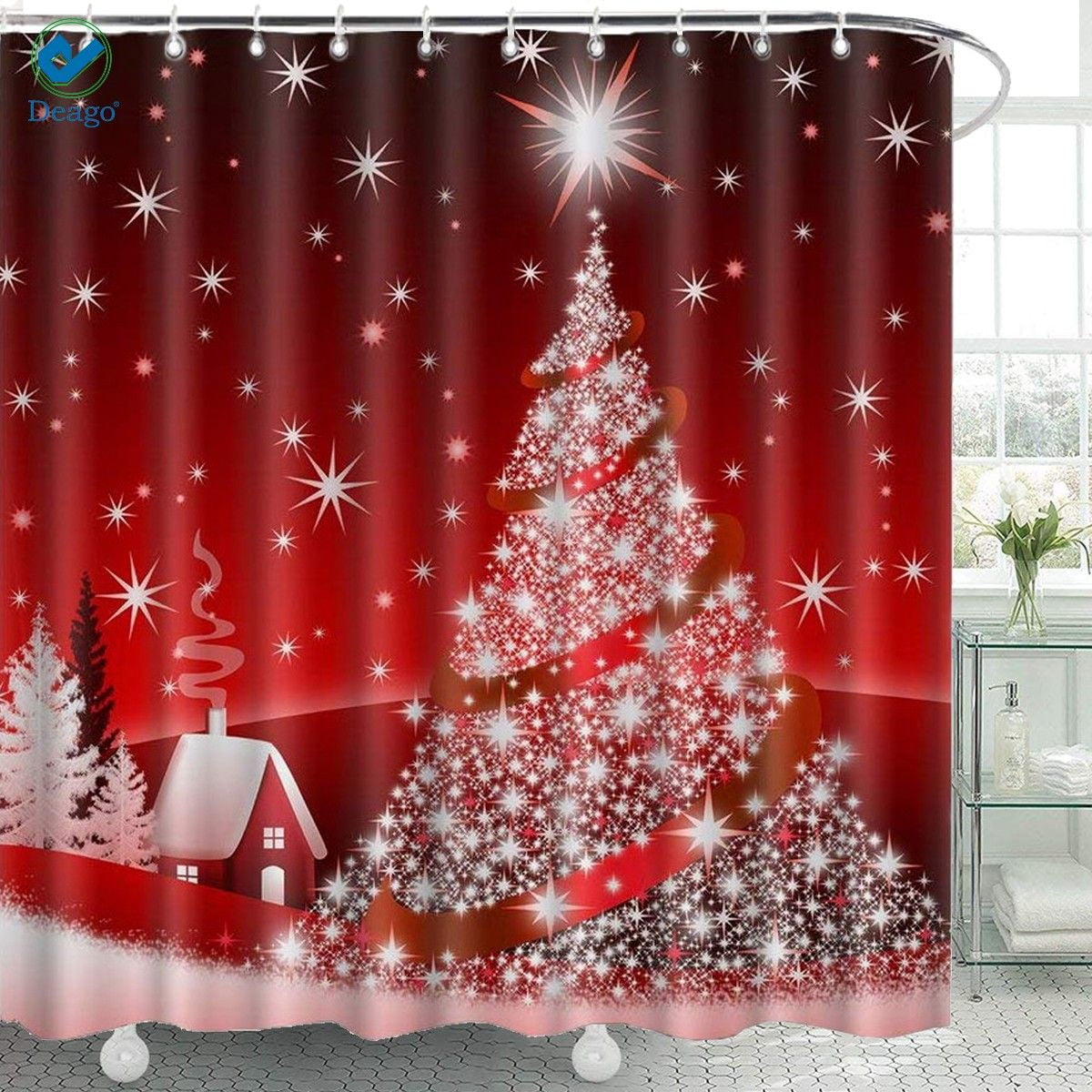 Xmas Decoration Merry Christmas Waterproof Fabric Bathroom Shower Curtain Hooks 