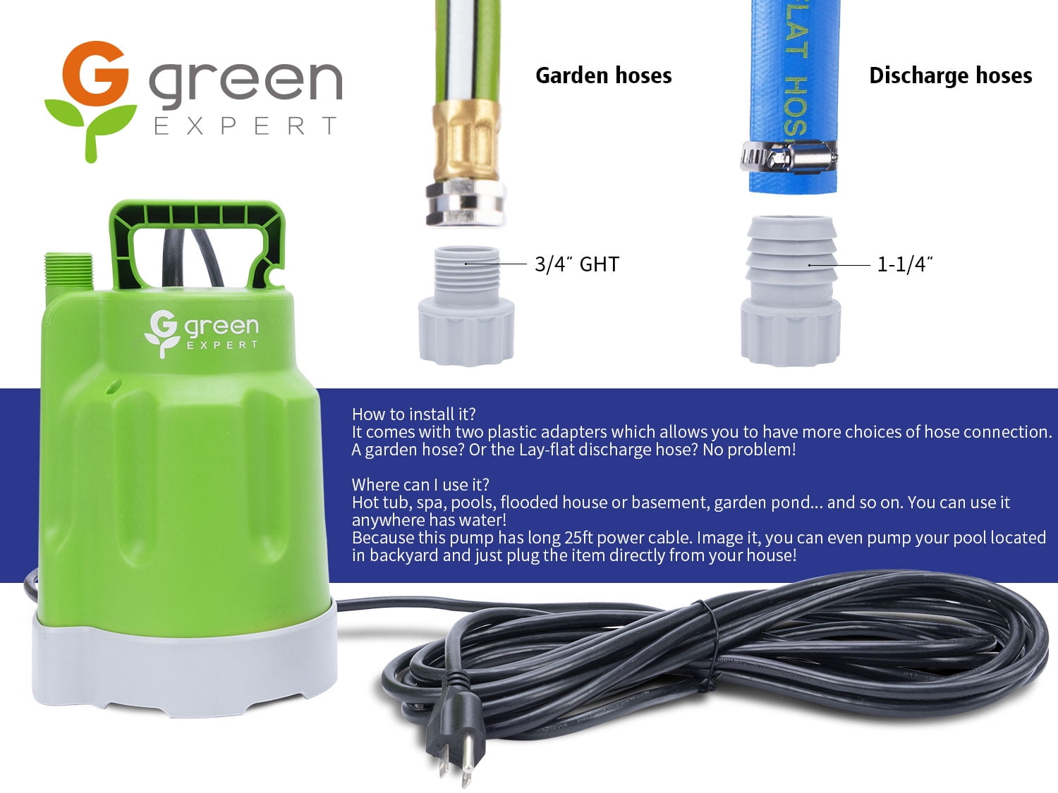 Green Expert 1/4HP Submersible Utility Pump High Flow 1800GPH for Quickly Water Removal Household Drainage Pump Easy to Use in Pools Hot Tub Flooded House Suit to Garden Hose