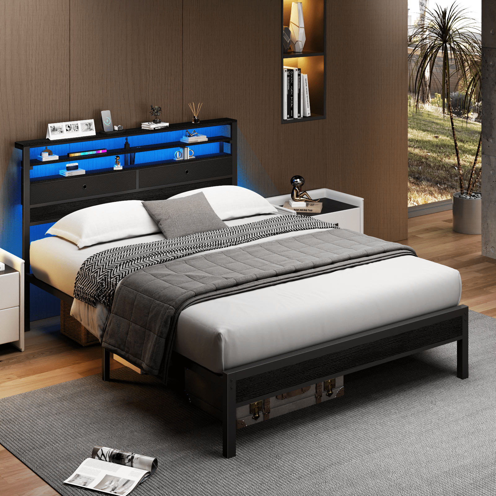 BYT Queen Size Bed Frame with 2 Storage Drawers Headboard, LED & Charging Station, Black oack