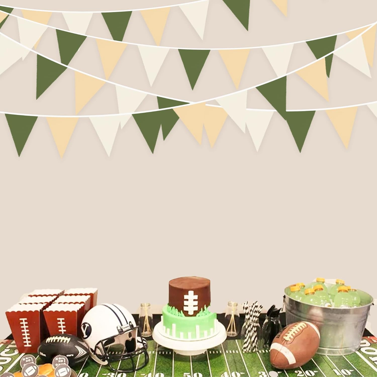 32Ft Sage Green Party Decorations Olive Green Tan Brown Cream Neutral Triangle Flag Fabric Banner Pennant Bunting Garland Streamers for Birthday Wedding Baby Shower Woodland Jungle Safari Party Decor