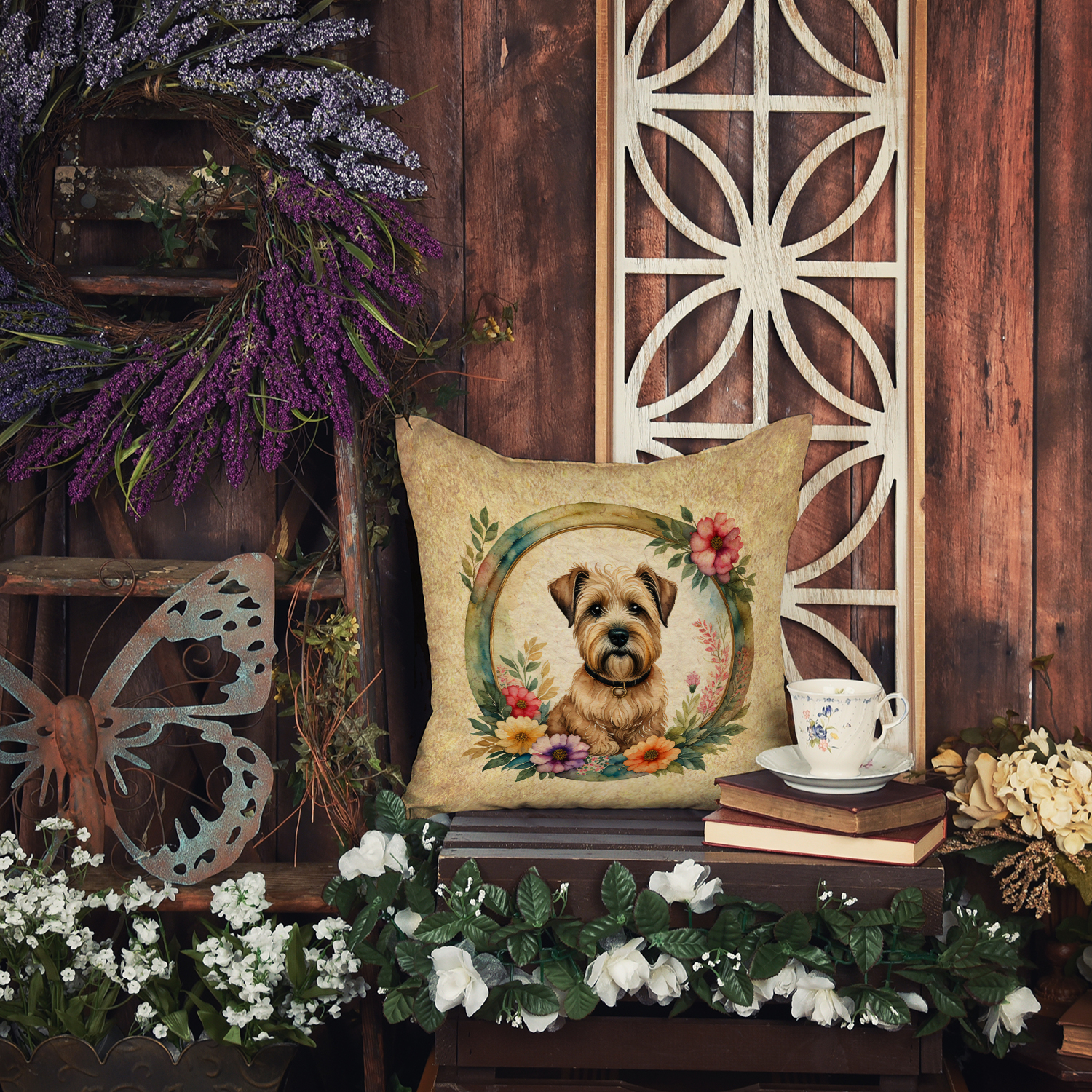 Wheaten Terrier and Flowers Fabric Decorative Pillow 14 in x 14 in