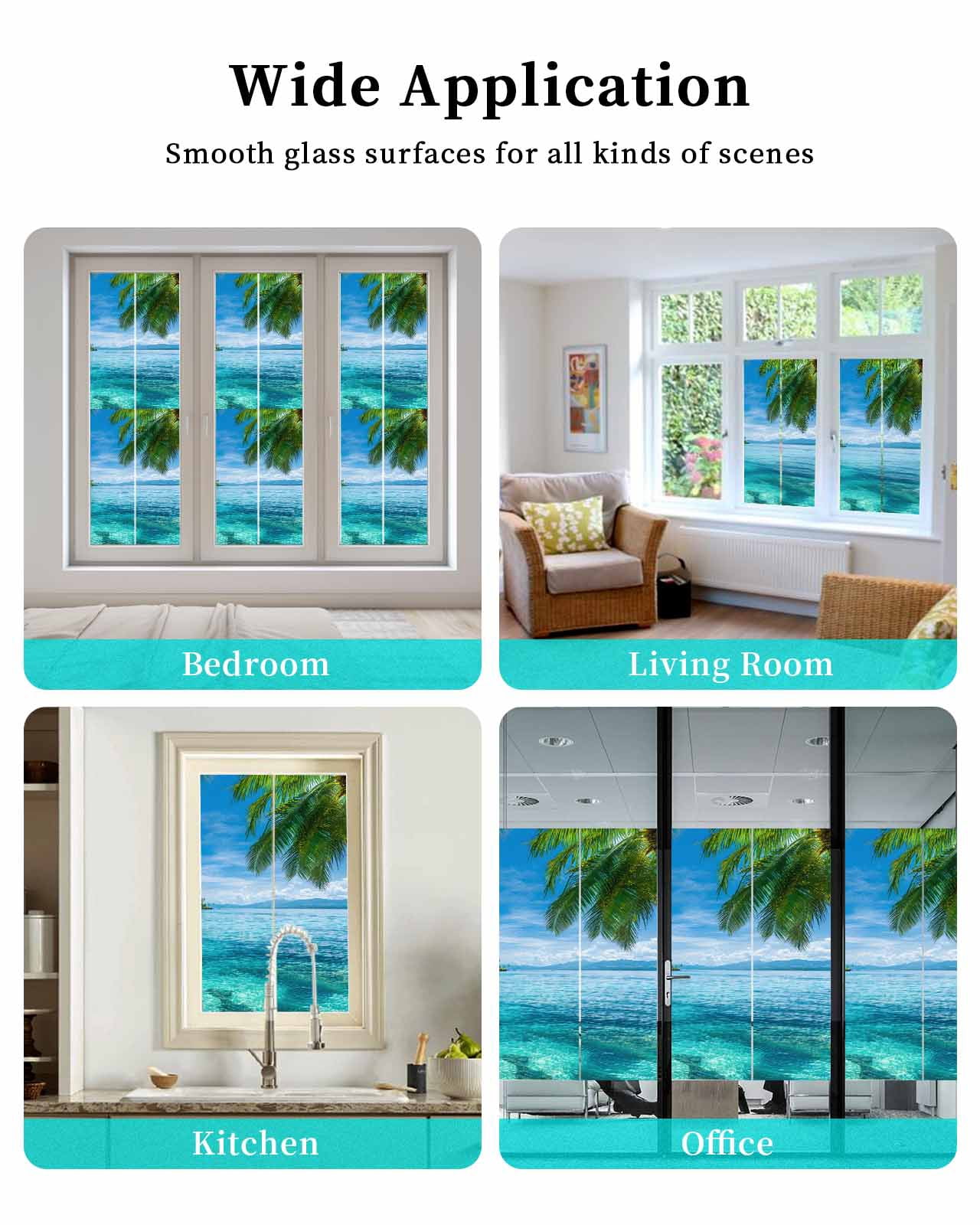 Window Privacy Film Ocean Stained Glass Window Film Decorative Sun Block Window Cover Blue Sky Palm Tree Beach Scenery Forest Shore Window Clings Static Adhesive Sticker for Bathroom 35.4"x78.7"