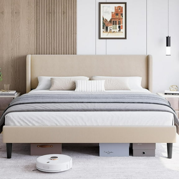 Rugerasy Queen Bed Frame, Upholstery Platform with Wingback Headboard, Beige