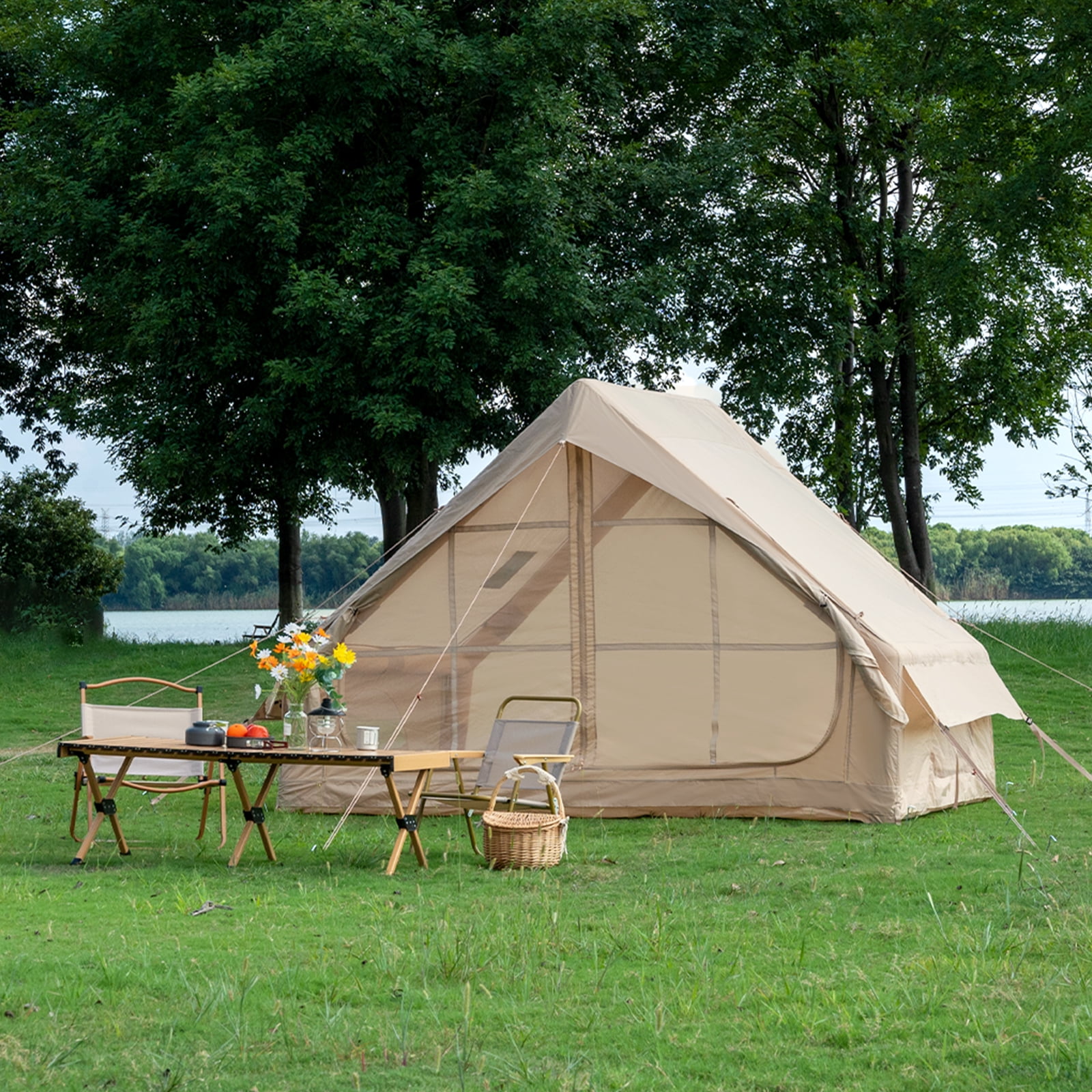 Waldmate Inflatable Camping Tent for 3-4 Person, Glamping Tent with Stove Jack Hand Pump, Oxford Waterproof Blow up Tent with Mesh Windows & Door