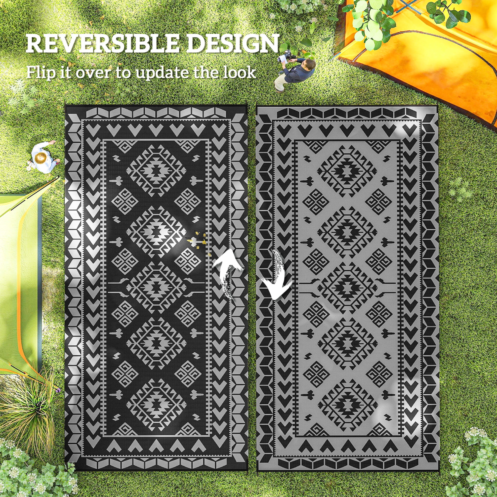 9' x 18' Black & Gray Rhombus Patchwork Reversible Outdoor Patio Rug, Waterproof Portable Camping Mat with Carry Bag, Foldable RV Carpet