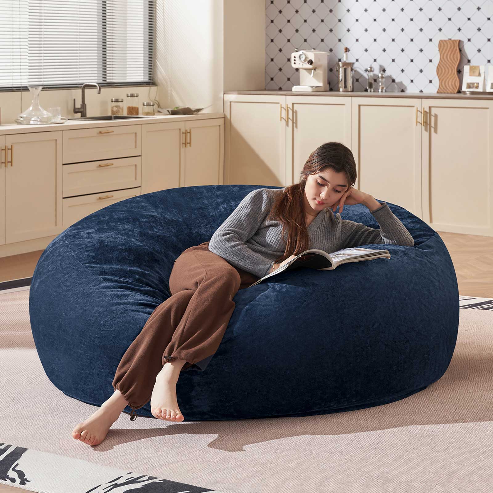 Bean Bag Chair 6FT,  Large Memory Foam Filled Chair for Adults and Teens, Soft Sofa with Removable Flannel Cover, Round Couch for Living Room Bedroom College Dorm