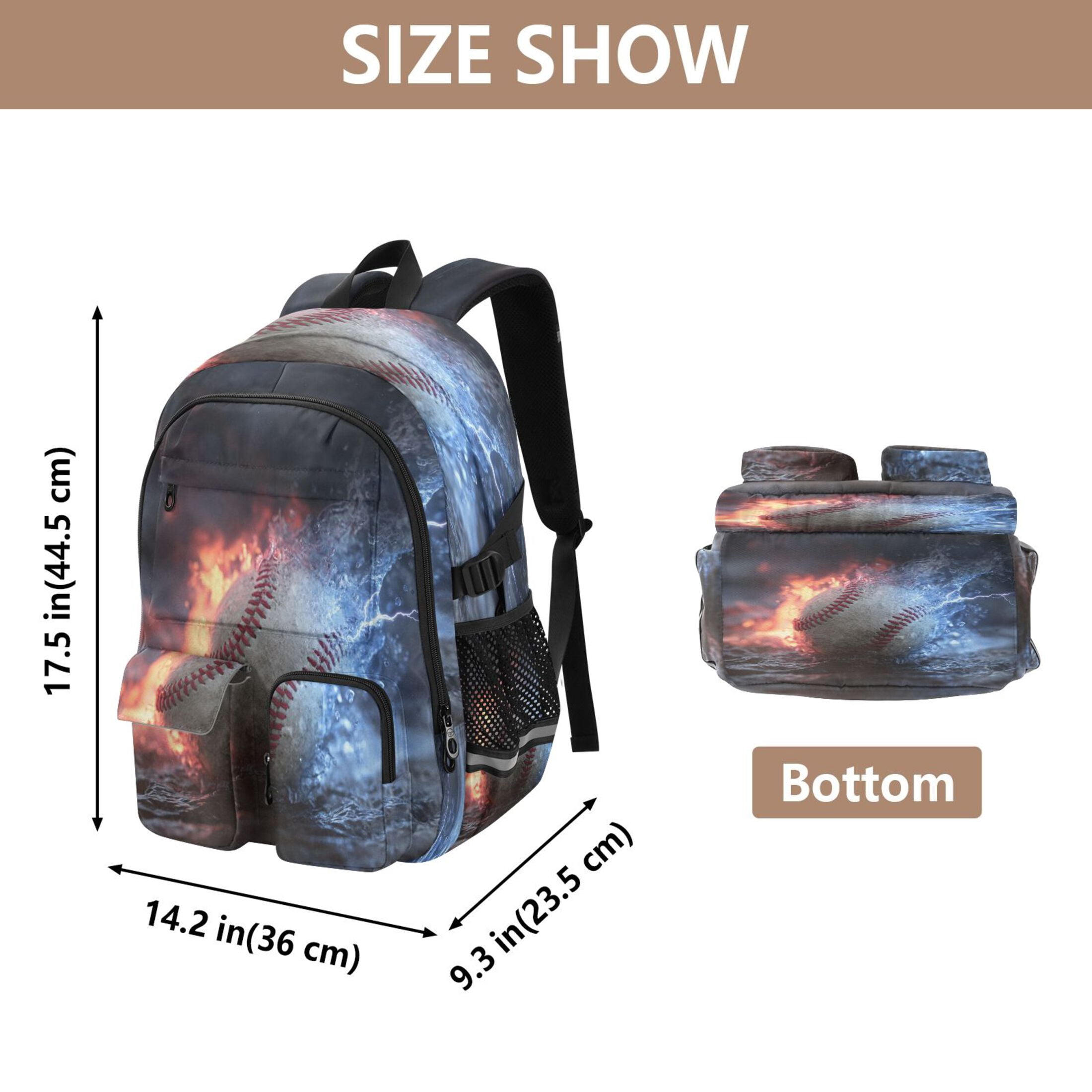 30L Backpack Durable Computer Bag for College & Travel Lightweight Daypack Fits 15.6" Laptop Baseball with Water and Fire