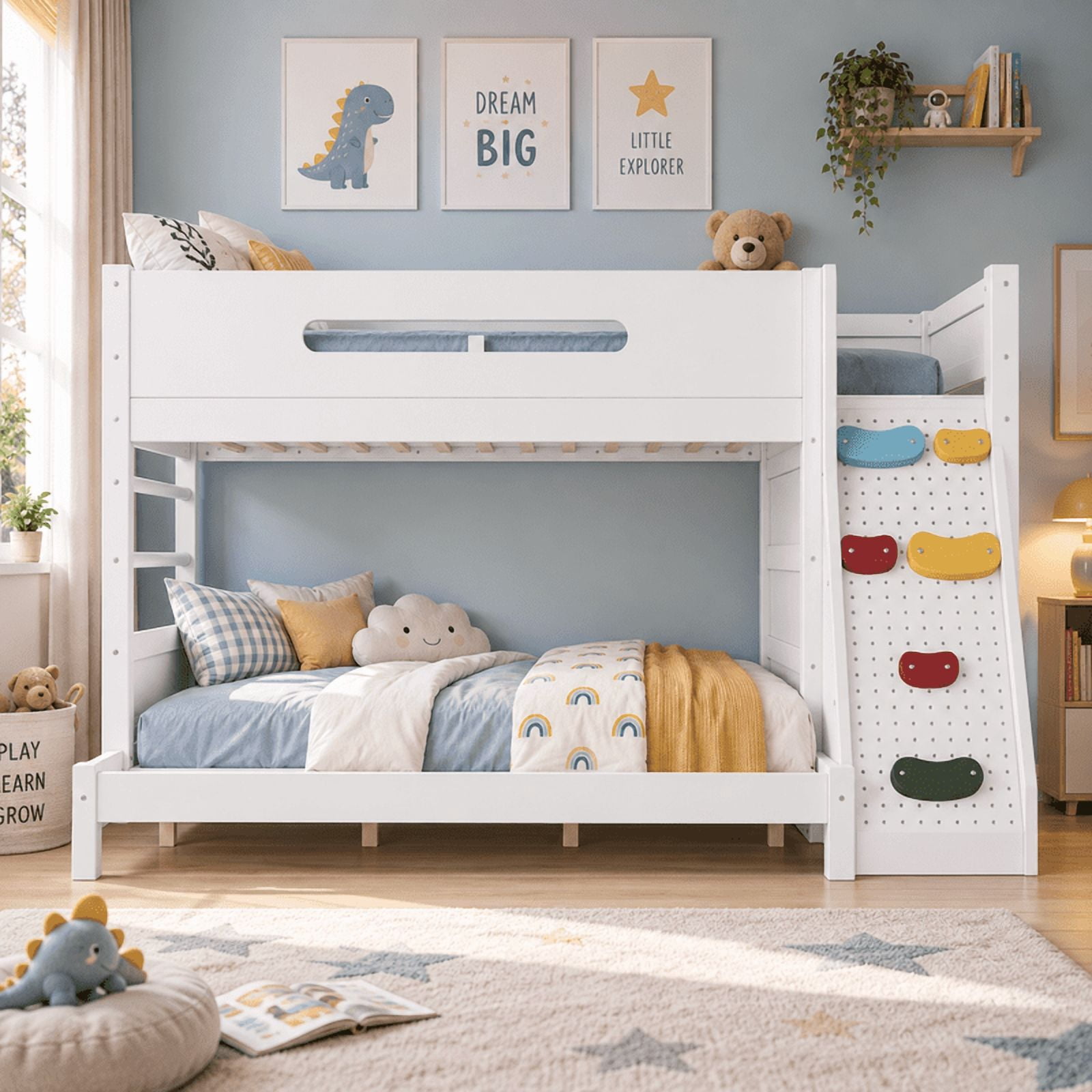 Twin XL Over Queen Bunk Bed with Built-In Wardrobe & Storage, Solid Wood Kids Bunk Bed with Guardrails, Rock Climbing Wall & Upgraded Slats, No Box Spring Needed