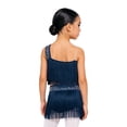 thumbnail image 2 of TiaoBug Kids Girls Latin Dance Outfit Ballroom Salsa Tassel Fringe Dress One Shoulder Crop Top and Skirt Set Navy Blue 14, 2 of 7