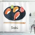 thumbnail image 1 of Wasabi Shower Curtain, Salmon Prawn Japanese Plate and Chopsticks with Sushi Typography, Fabric Bathroom Set with Hooks, 69W X 84L Inches Extra Long, Dark Slate Blue and Multicolor, by Ambesonne, 1 of 3