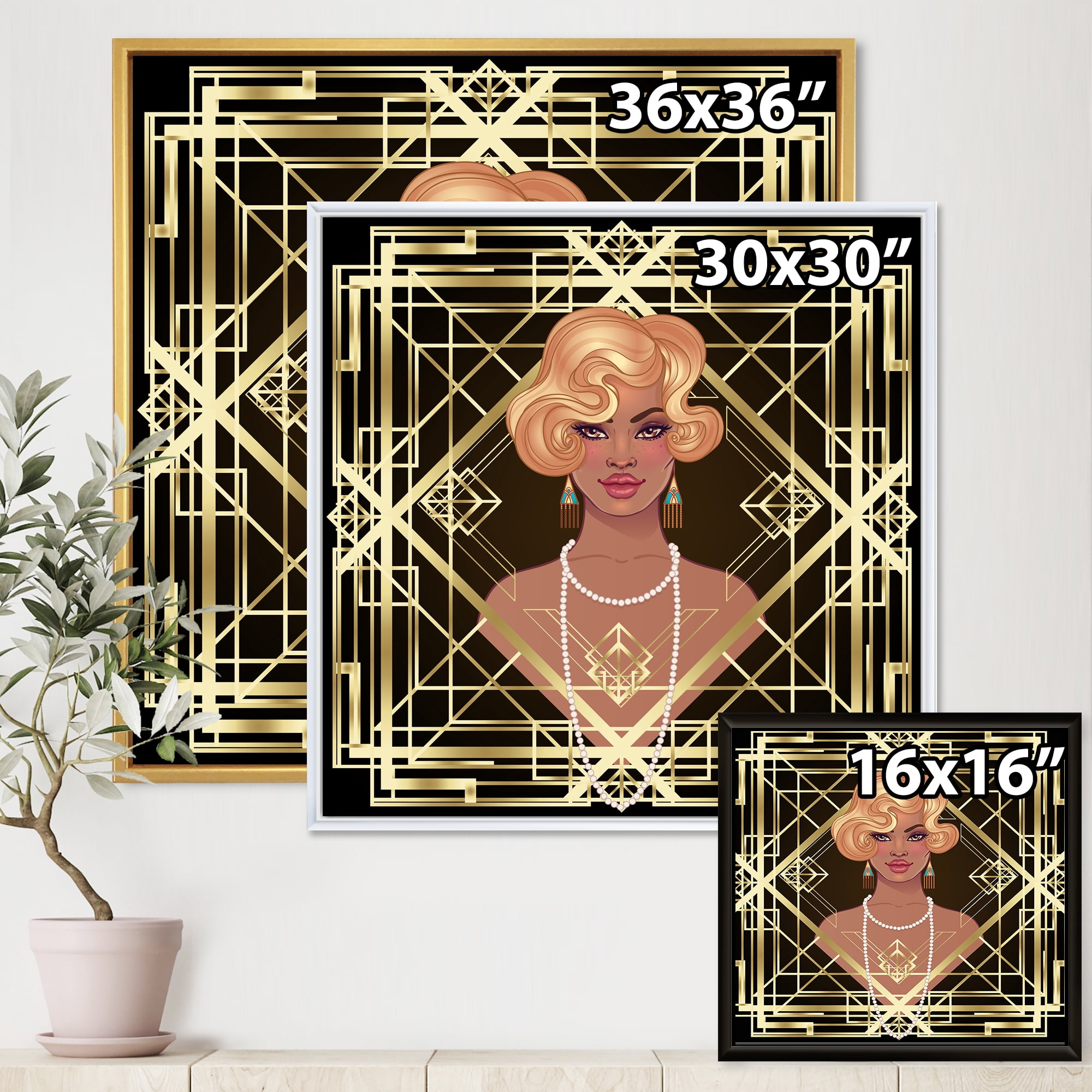 Designart 'Retro Girl In Golden Art Deco Geometrics III' Modern Framed Canvas Wall Art Print